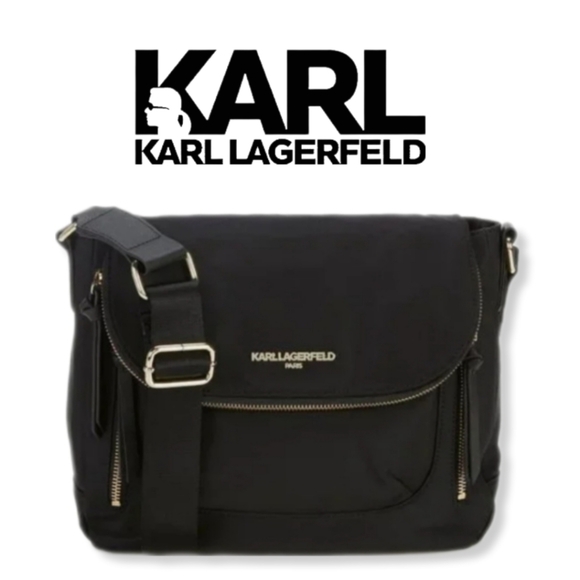 Karl Lagerfeld Unisex Black Leather Adjustable Strap Flap Cara Messenger…